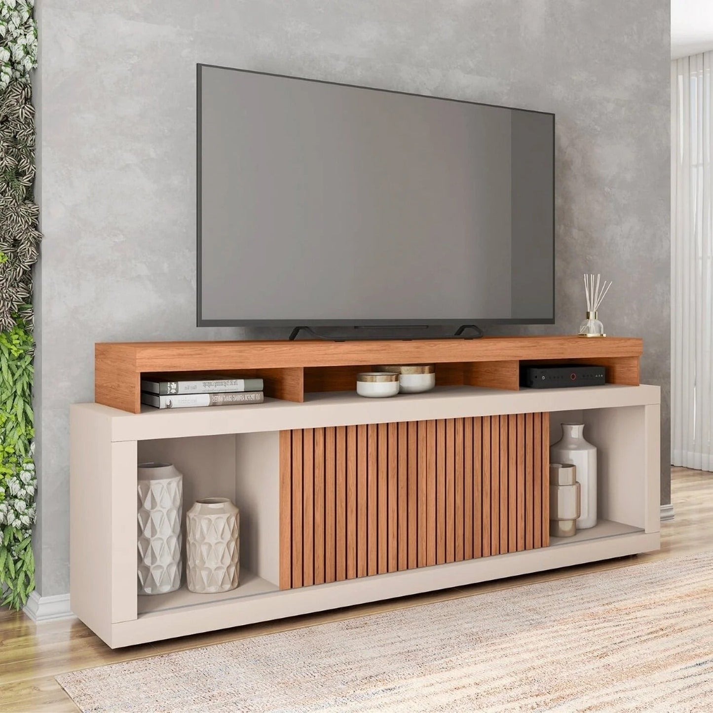 Rack para TV até 75 Polegadas 180cm MDF Freijó e Off White com Frisos Decorativos