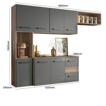 Cozinha Compacta Suspensa 7 Portas 2 Gavetas – Carvalho Nature e Chumbo