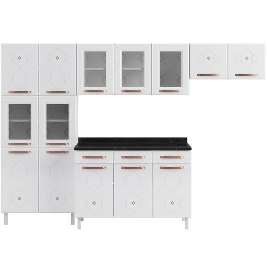 Cozinha Compacta 14 Portas 2 Gavetas com Vidro – Branco