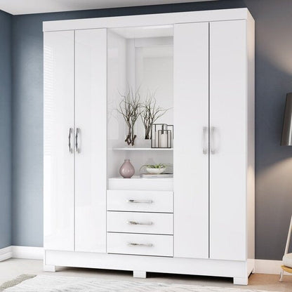 Guarda-Roupa Solteiro 4 Portas com Espelho e 3 Gavetas Branco