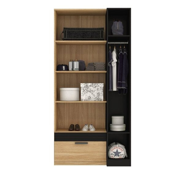 Guarda-Roupa Solteiro 2 Portas 1 Gaveta com Espelhos Amêndoa e Preto Capri