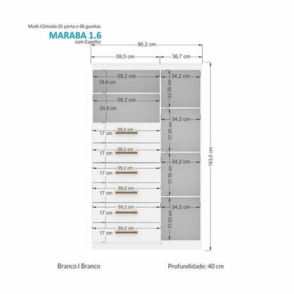 Cômoda 6 Gavetas e 1 Porta com Espelho 163cm Branco
