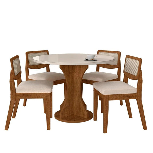 Mesa Redonda com Vidro e 4 Cadeiras Bouclé Off White Freijó/Off Premium