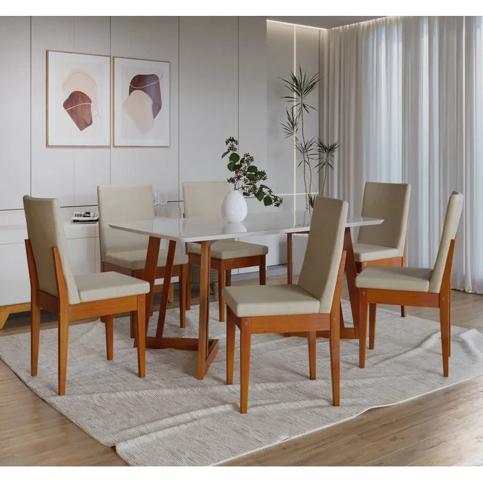 Conjunto Mesa de Jantar com Vidro e 6 Cadeiras Madeira e Linho Caramelo