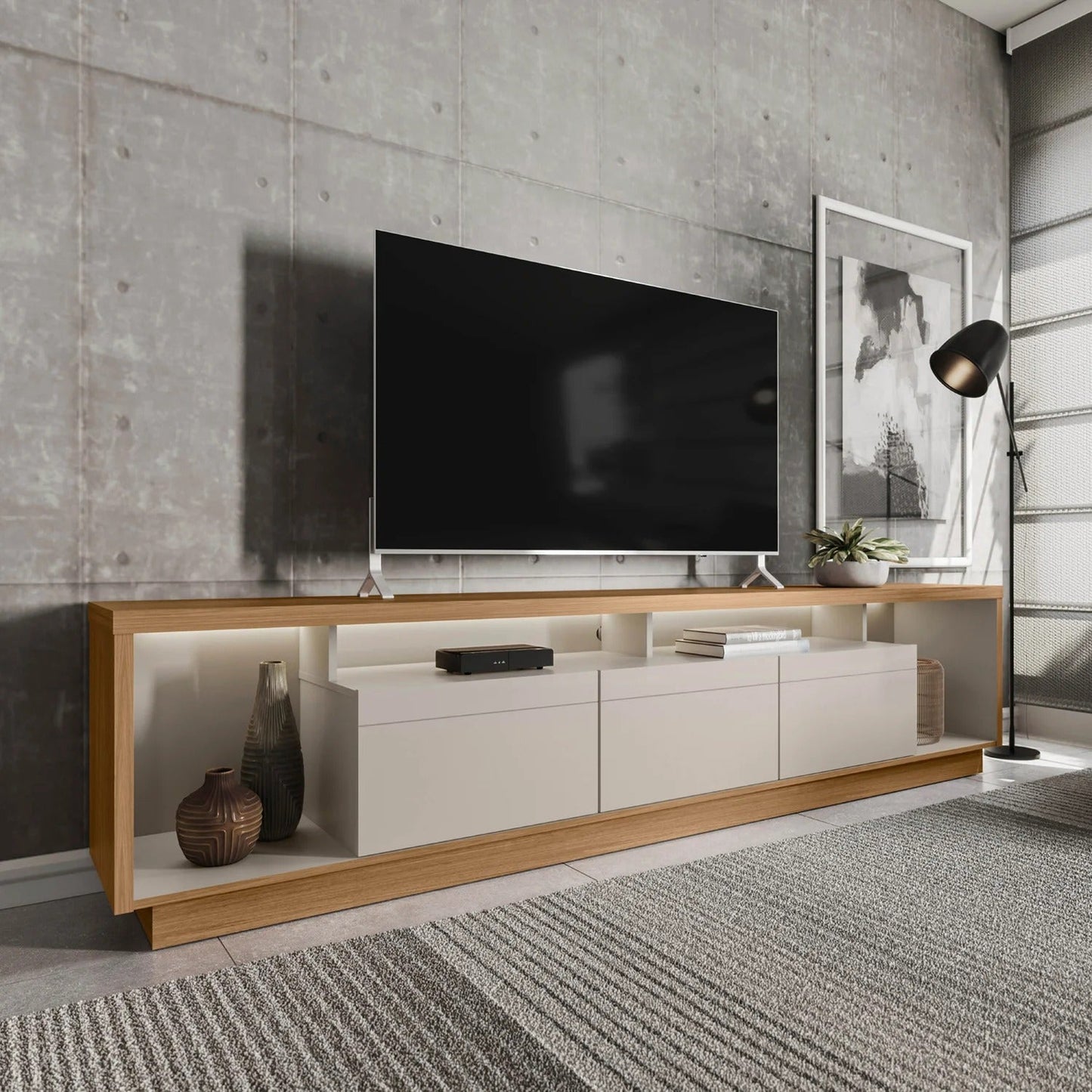 Rack Cronos com LED 218cm para TV até 75" com 3 Portas Nature/Off White