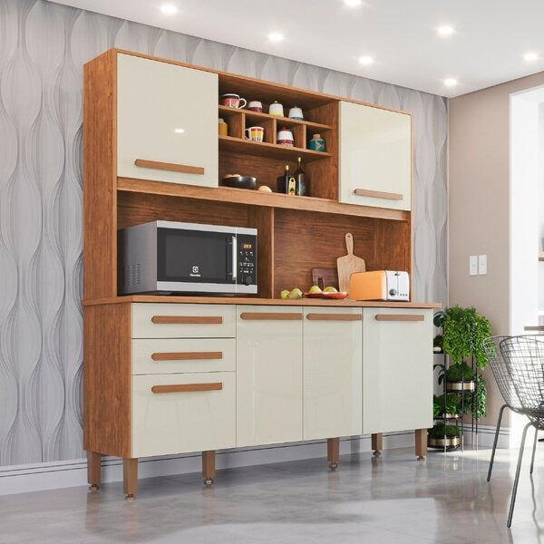 Cozinha Compacta 6 Portas 2 Gavetas com Tampo – Cinamomo e Off White