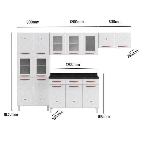 Cozinha Compacta 14 Portas 2 Gavetas com Vidro – Branco