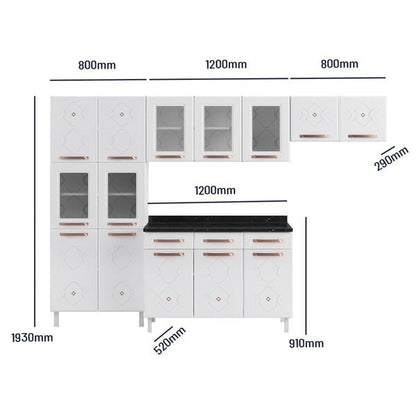 Cozinha Compacta 14 Portas 2 Gavetas com Vidro – Branco