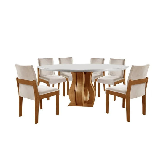 Mesa Redonda com Vidro e 6 Cadeiras Estofadas Suede Cinamomo/Off White