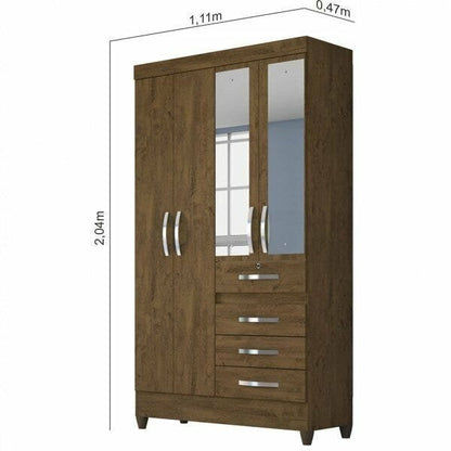 Guarda-Roupa Solteiro com 4 Portas, 4 Gavetas e Espelhos – Castanho Wood