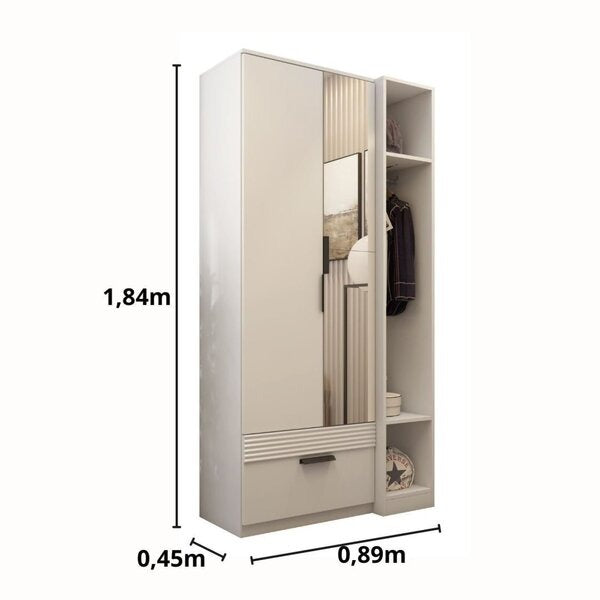 Guarda-Roupa Solteiro 2 Portas 1 Gaveta MDP Branco com Espelho