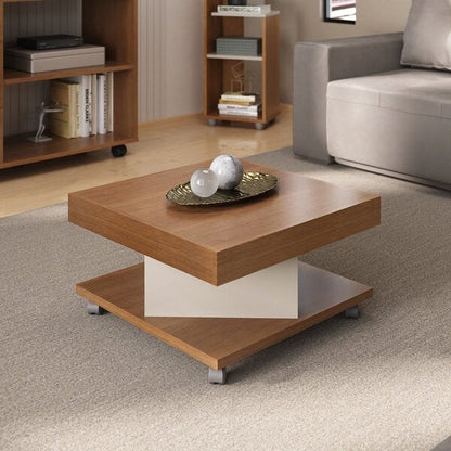 Mesa de Centro Quadrada com Rodízios e Prateleira Cinamomo/Off White