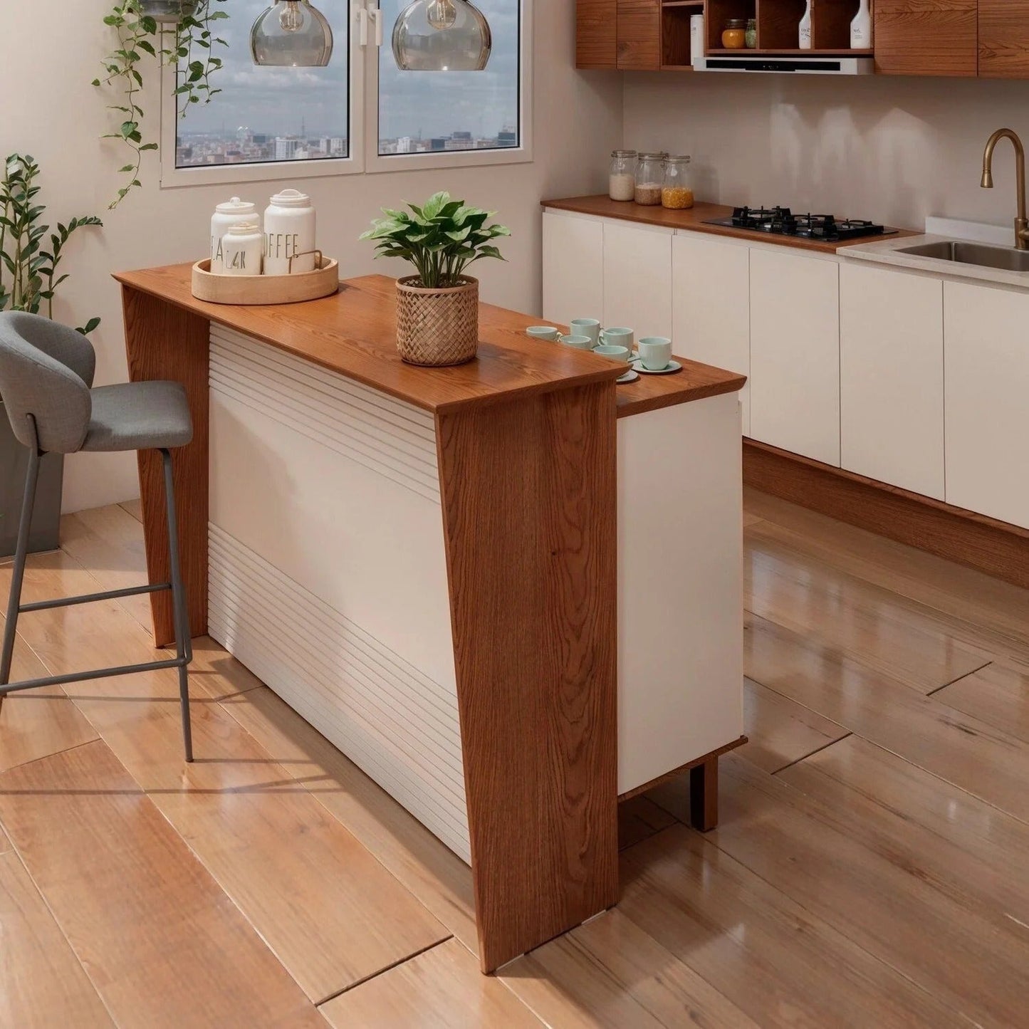 Bancada de Cozinha Ilha Gourmet Americana Auris – 2 Portas e 4 Gavetas – Canela/Off White