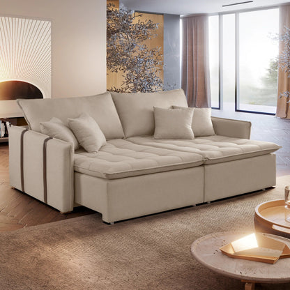 Sofá-Cama Retrátil e Reclinável 3 Lugares Linho Cru 200cm com Molas Bonnel