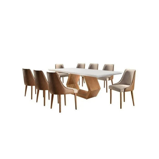 Mesa de Jantar Madeira Maciça 220cm com Vidro e 8 Cadeiras Estofadas