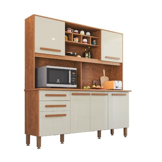 Cozinha Compacta 6 Portas 2 Gavetas com Tampo – Cinamomo e Off White