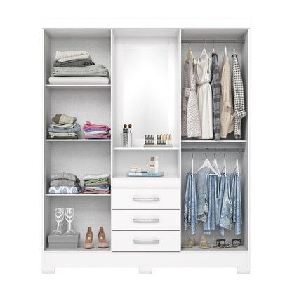 Guarda-Roupa Solteiro 4 Portas com Espelho e 3 Gavetas Branco