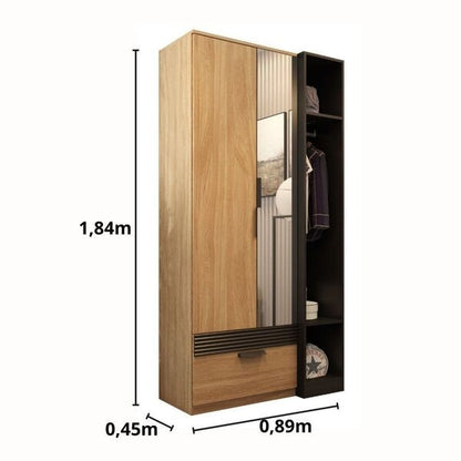 Guarda-Roupa Solteiro 2 Portas 1 Gaveta com Espelhos Amêndoa e Preto Capri