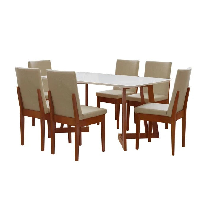 Conjunto Mesa de Jantar com Vidro e 6 Cadeiras Madeira e Linho Caramelo