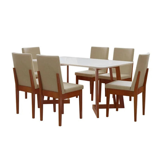 Conjunto Mesa de Jantar com Vidro e 6 Cadeiras Madeira e Linho Caramelo