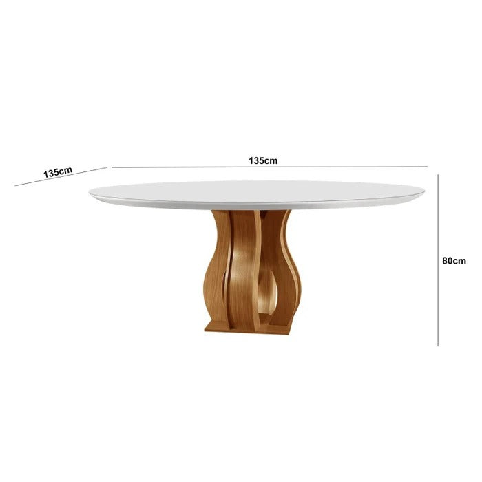 Mesa Redonda com Vidro e 6 Cadeiras Estofadas Suede Cinamomo/Off White