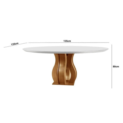 Mesa Redonda com Vidro e 6 Cadeiras Estofadas Suede Cinamomo/Off White