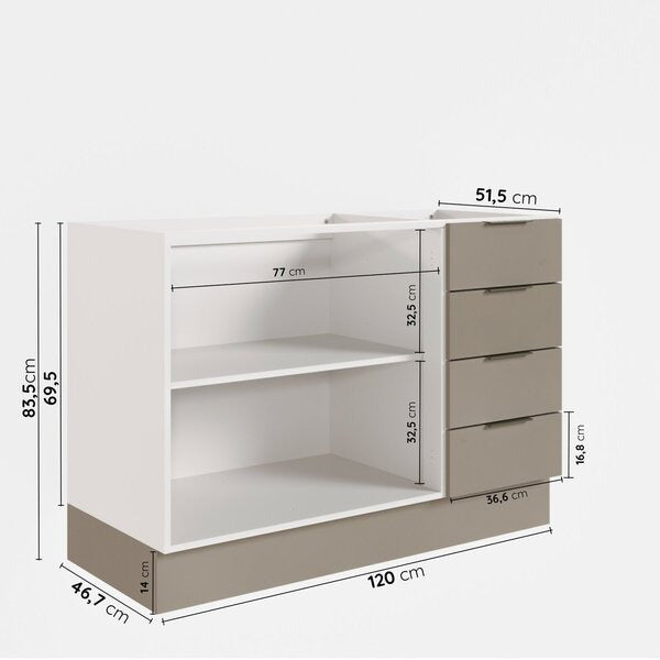Balcão Pia 120cm sem Tampo com Rodapé 2 Portas e Gavetas Fendi Trama/Branco