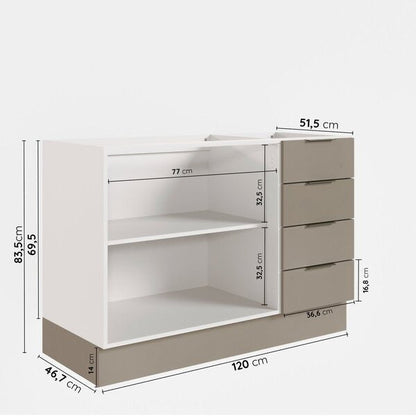 Balcão Pia 120cm sem Tampo com Rodapé 2 Portas e Gavetas Fendi Trama/Branco