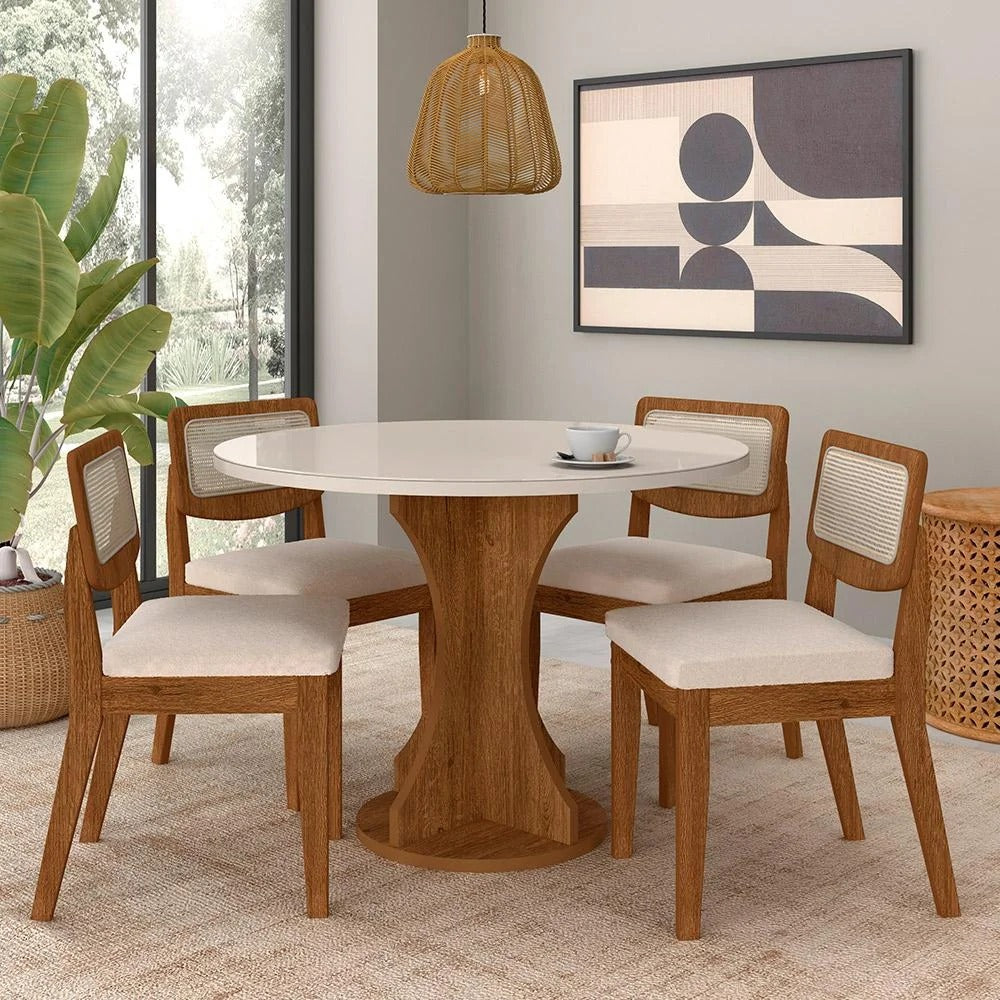 Mesa Redonda com Vidro e 4 Cadeiras Bouclé Off White Freijó/Off Premium
