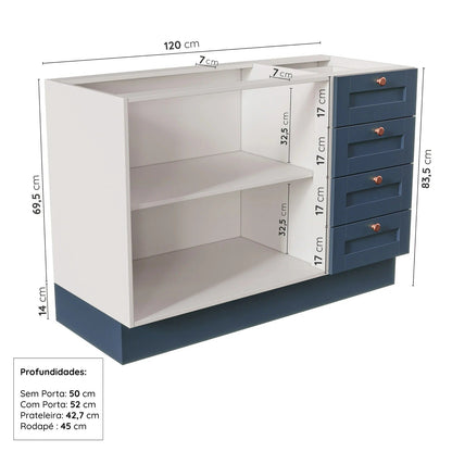 Balcão para Pia 120cm sem Tampo Branco/Azul com Gaveta e Portas Soft Close