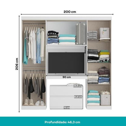 Guarda-Roupa Casal 6 Portas 2 Gavetas com Painel Multifuncional Branco Porto