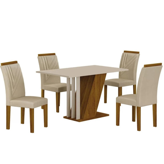 Conjunto Mesa de Jantar 120cm com 4 Cadeiras Estofadas Freijó/Off White