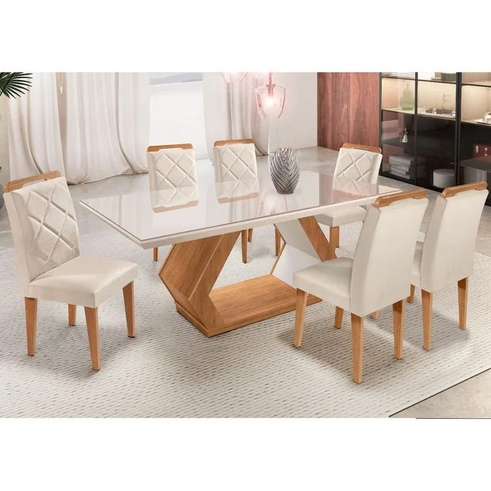 Conjunto Mesa de Jantar 180cm com Tampo de Vidro e 6 Cadeiras Estofadas