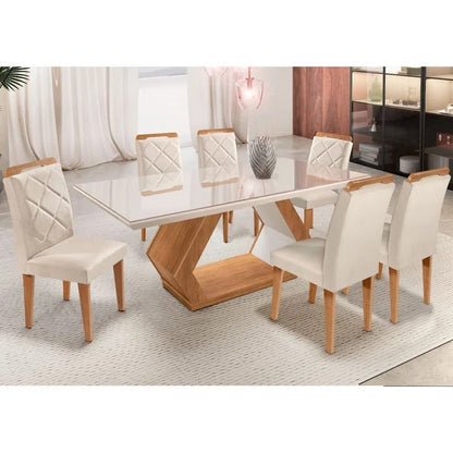 Conjunto Mesa de Jantar 180cm com Tampo de Vidro e 6 Cadeiras Estofadas