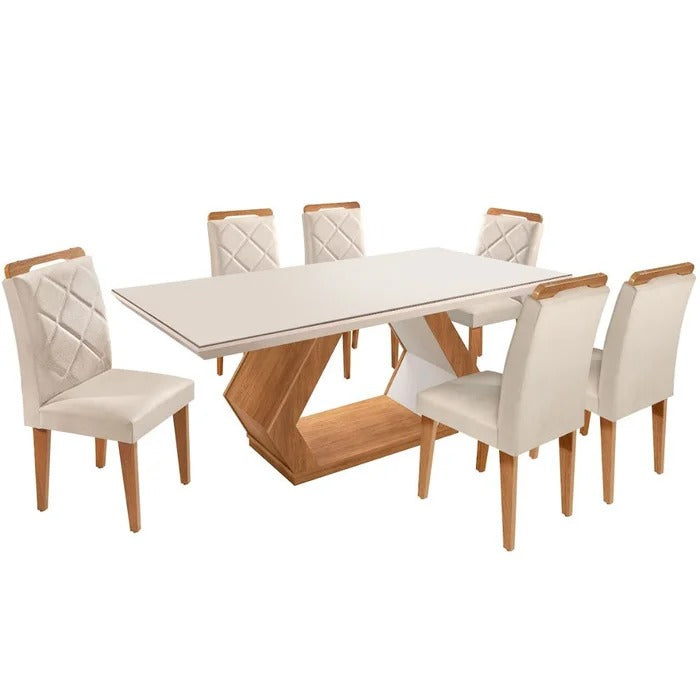 Conjunto Mesa de Jantar 180cm com Tampo de Vidro e 6 Cadeiras Estofadas