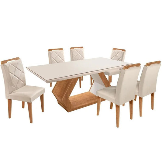Conjunto Mesa de Jantar 180cm com Tampo de Vidro e 6 Cadeiras Estofadas