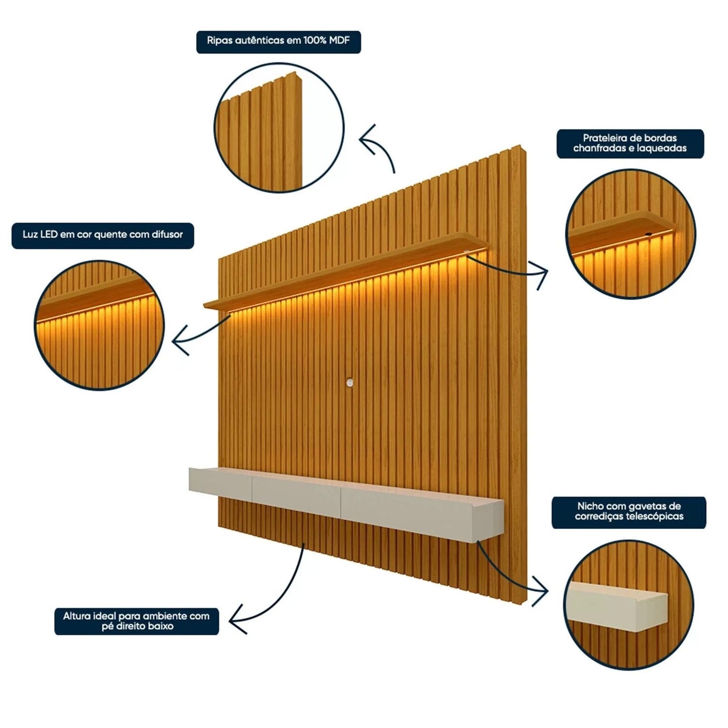 Home Suspenso com LED e 3 Gavetas para TV até 75 Polegadas 228cm MDF