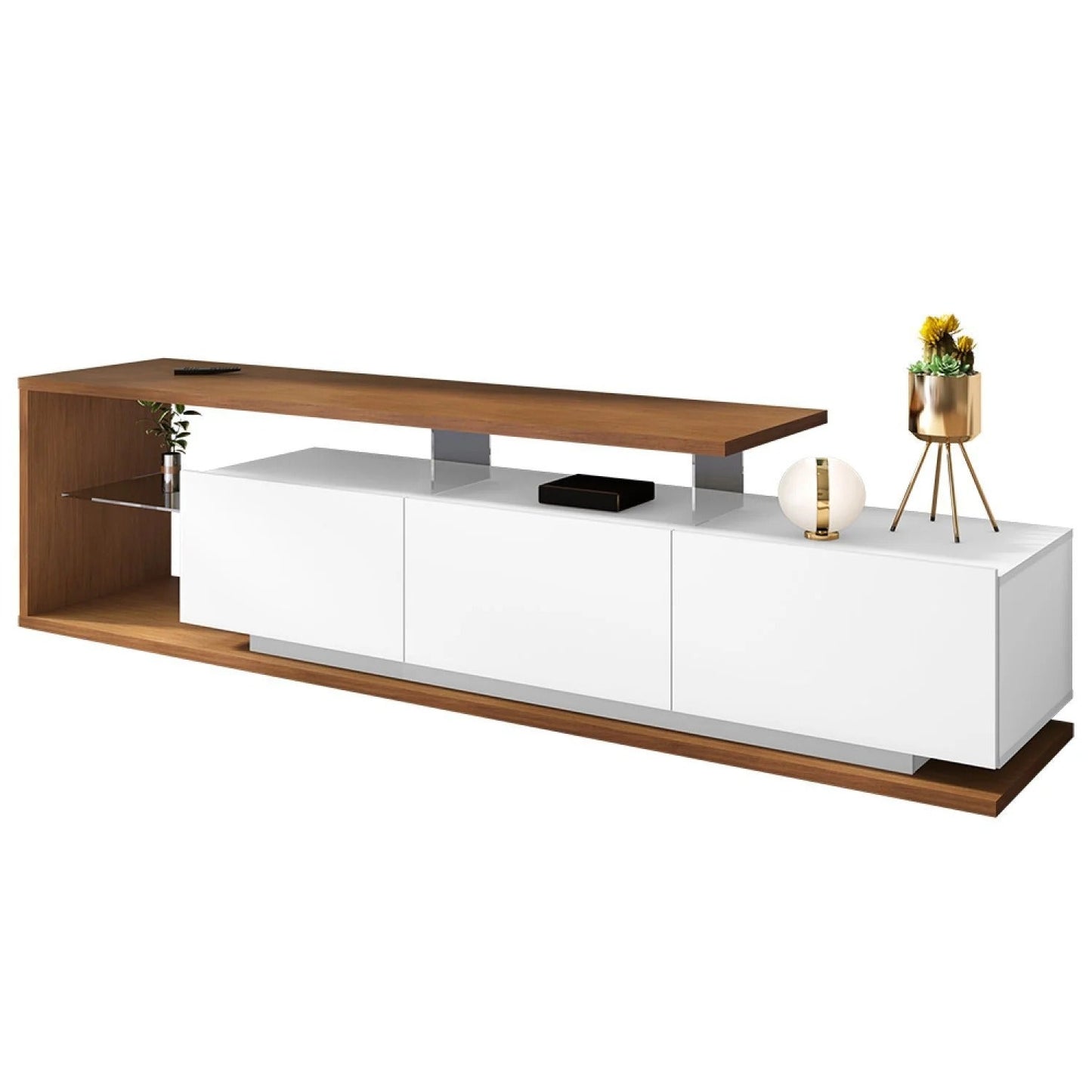 Rack Nápoles 217cm com 3 Portas Basculantes e Prateleira de Vidro para TV até 60" Cedro/Branco