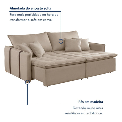 Sofá-Cama Retrátil e Reclinável 3 Lugares Linho Cru 200cm com Molas Bonnel