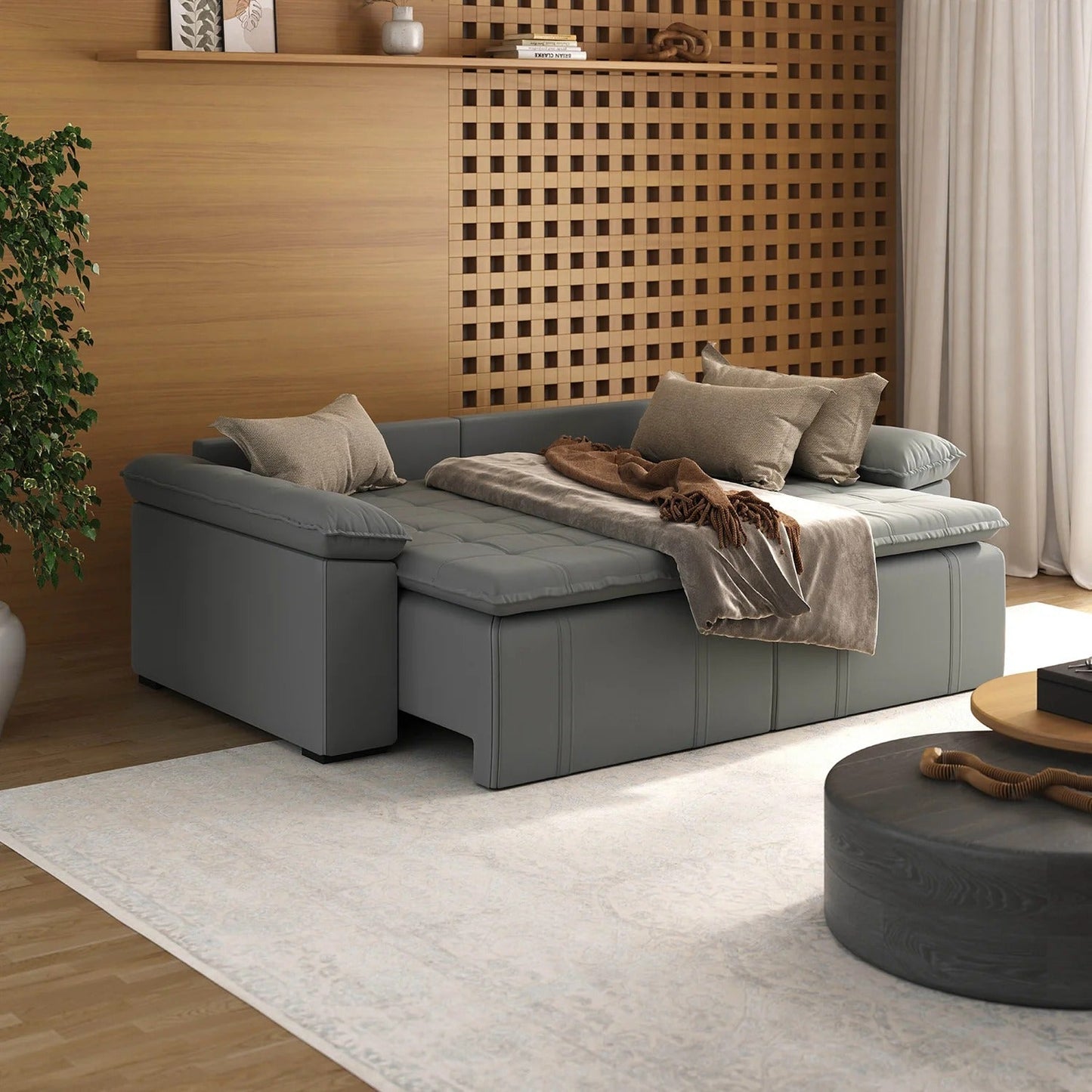 Sofá Cama Retrátil e Reclinável 4 Lugares 240cm Veludo Cinza com Molas