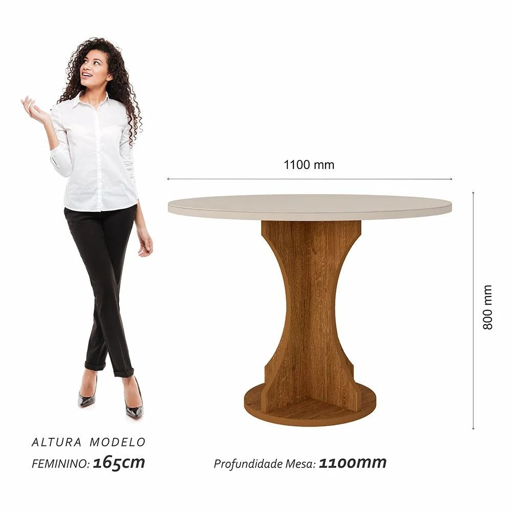 Mesa Redonda com Vidro e 4 Cadeiras Bouclé Off White Freijó/Off Premium