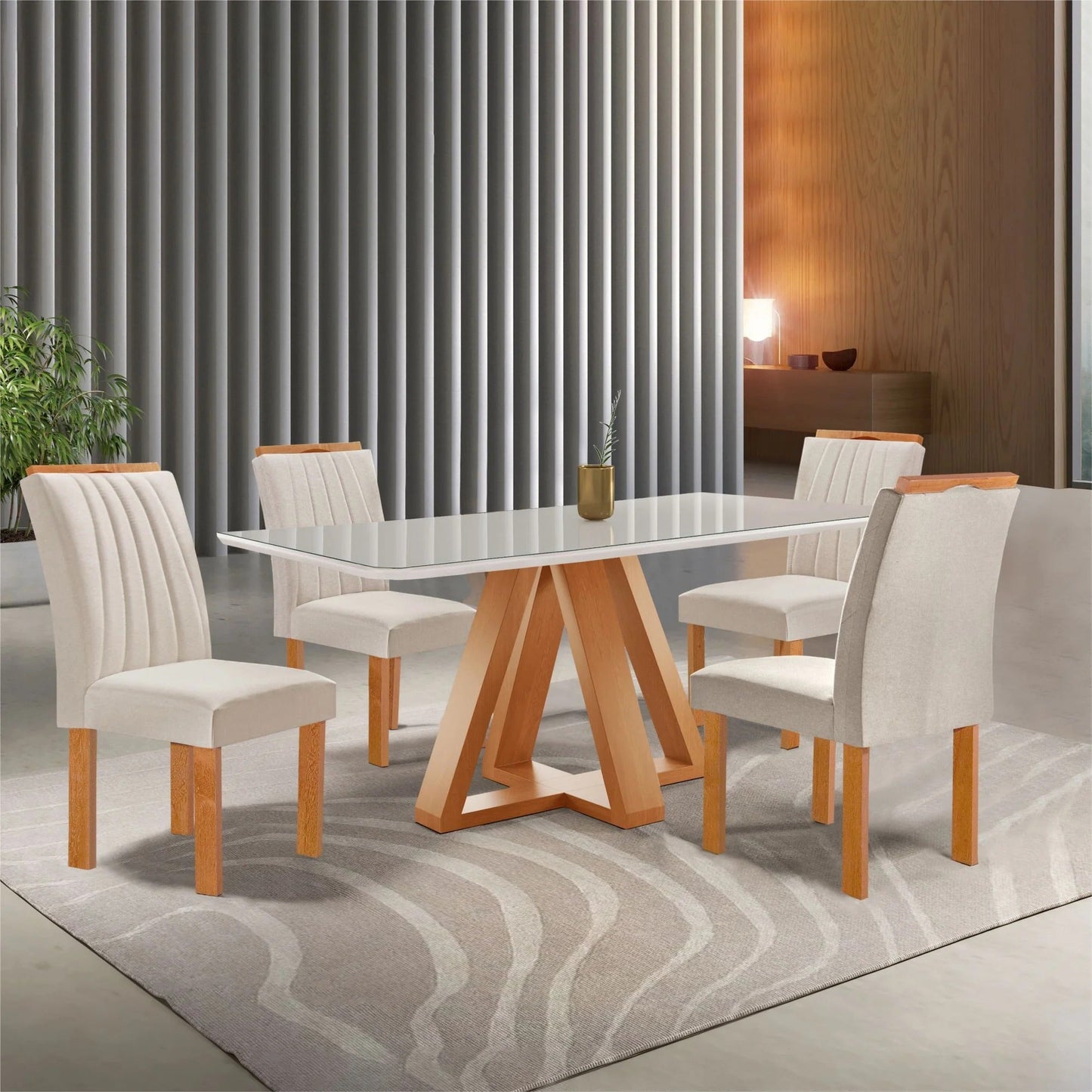 Mesa de Jantar com Vidro 120cm e 4 Cadeiras Estofadas Cinamomo/Off White