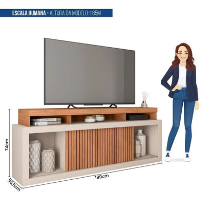 Rack para TV até 75 Polegadas 180cm MDF Freijó e Off White com Frisos Decorativos