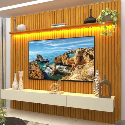 Painel Ripado para TV até 90 Polegadas 229cm com LED e 3 Gavetas MDF