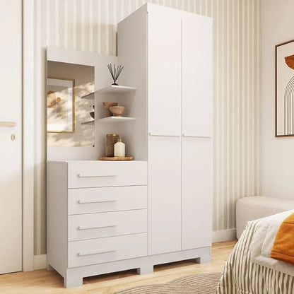Guarda-Roupa Solteiro 2 Portas 4 Gavetas com Espelho e Penteadeira MDF Branco Melissa