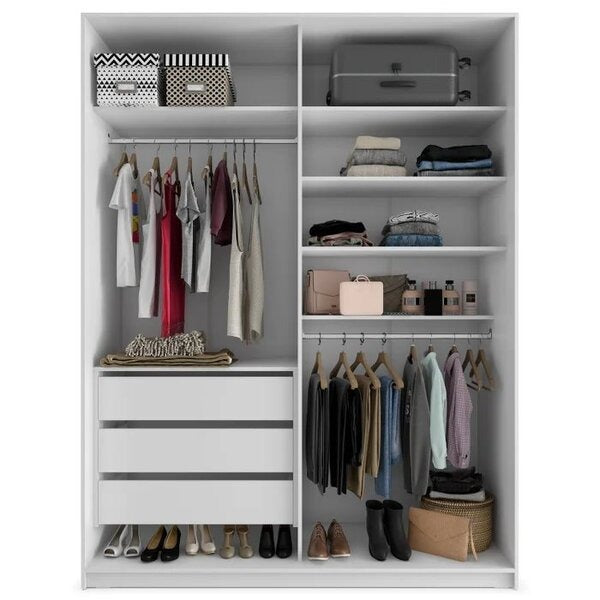 Guarda-Roupa Solteiro 2 Portas de Correr com Espelho e 3 Gavetas Branco