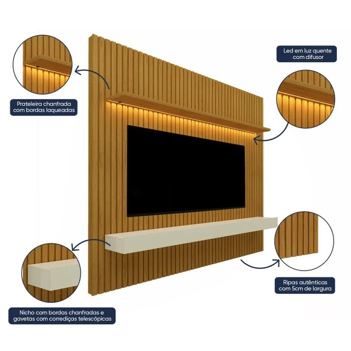 Painel Ripado para TV até 90 Polegadas 229cm com LED e 3 Gavetas MDF