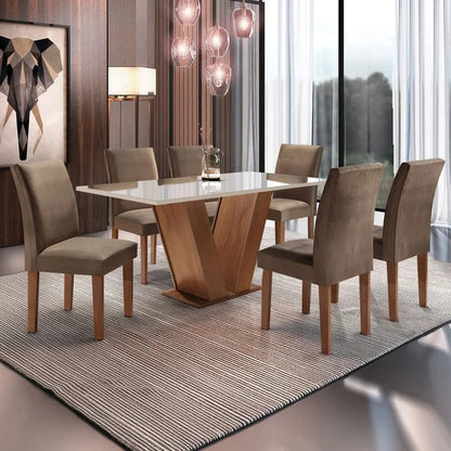Conjunto Mesa de Jantar 160cm Tampo de Vidro com 6 Cadeiras Estofadas Base em V