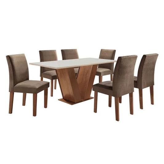 Conjunto Mesa de Jantar 160cm Tampo de Vidro com 6 Cadeiras Estofadas Base em V