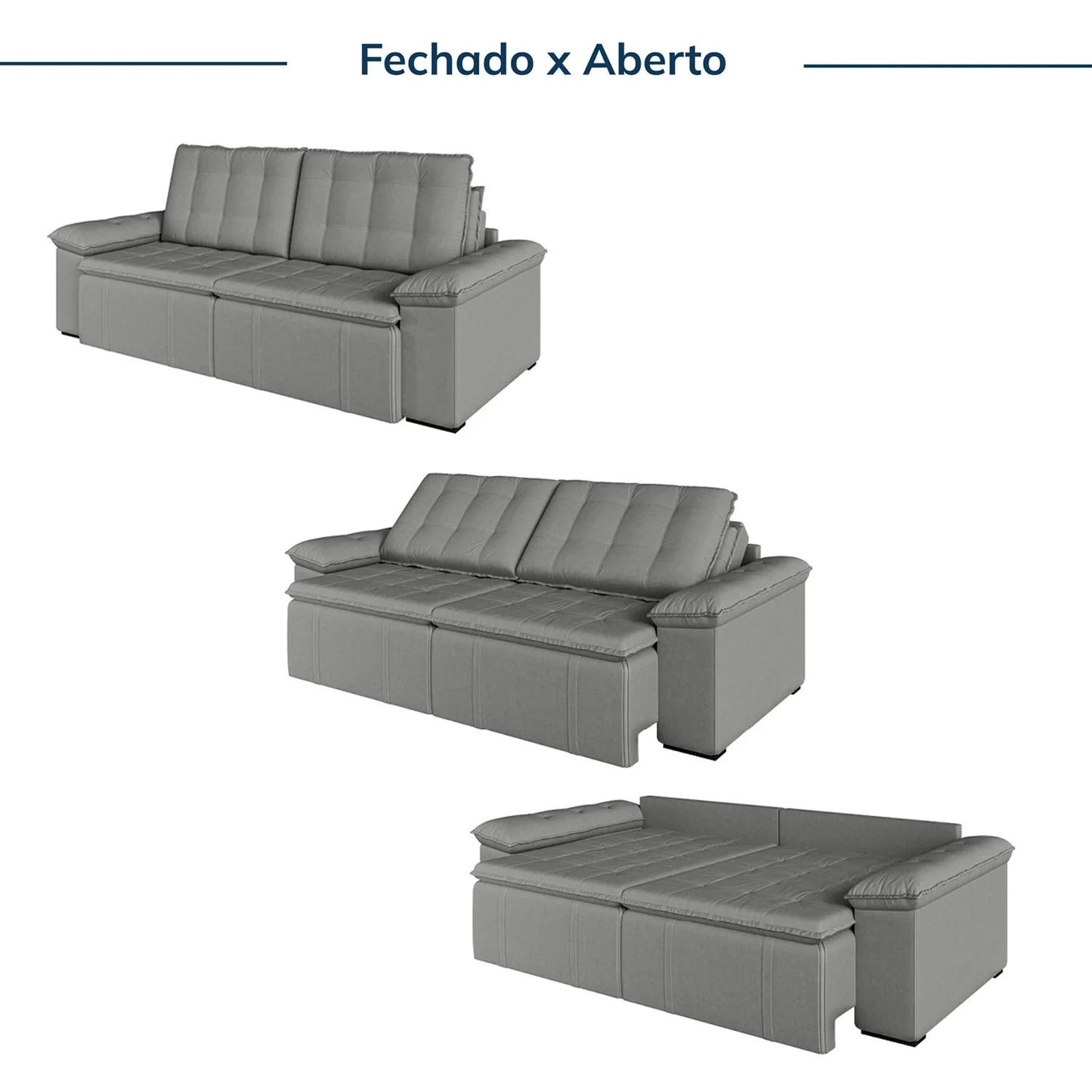 Sofá Cama Retrátil e Reclinável 4 Lugares 240cm Veludo Cinza com Molas